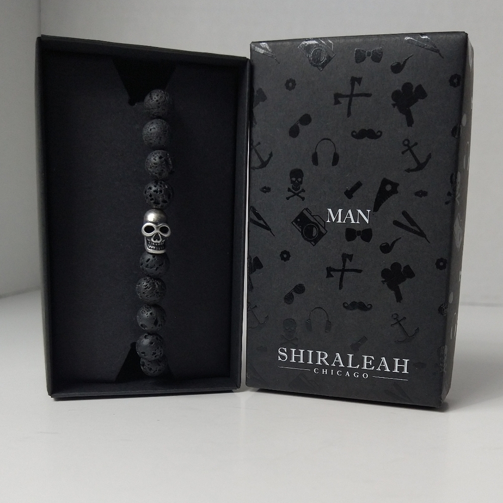 New Shiraleah Man Black Thornton Volcano Bead Skull Stretch Bracelet Trendy Goth